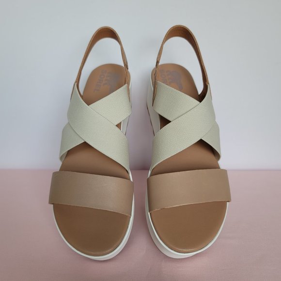 SOREL Cameron Flatform Slingback Leather/Fabric Sandals-Honest Beige/Chalk Size9 - Picture 5 of 16